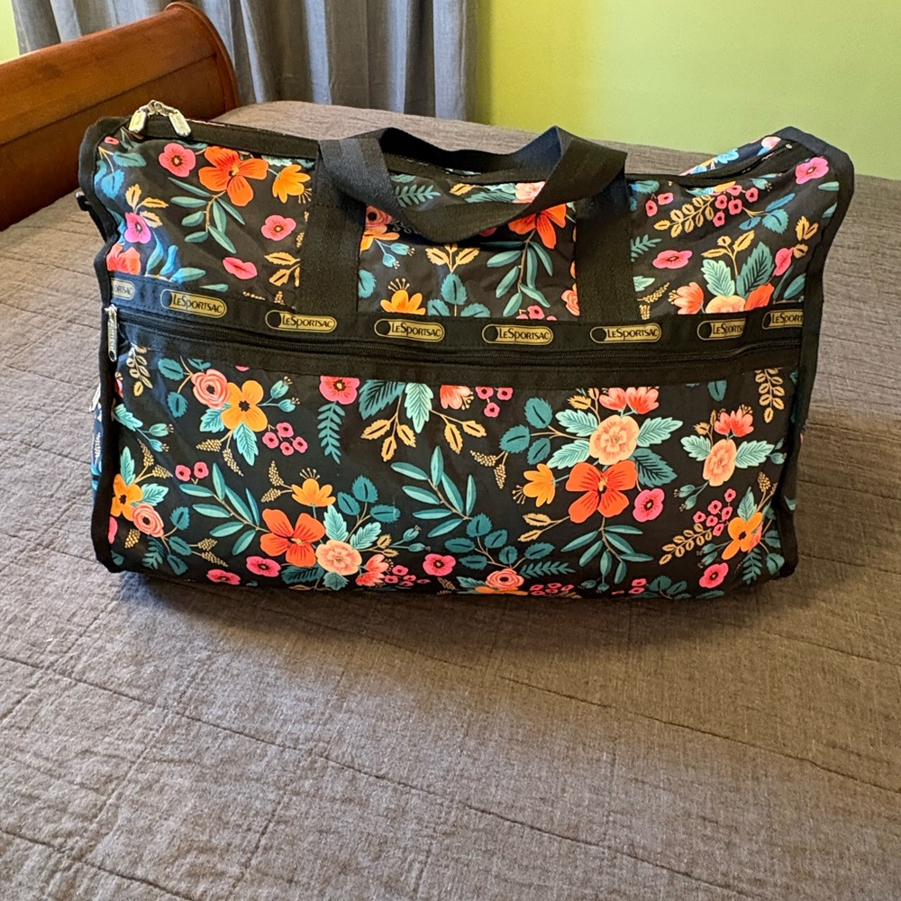 EUC LeSportsac x Rifle Paper Co Black Floral Weekender Travel Duffle